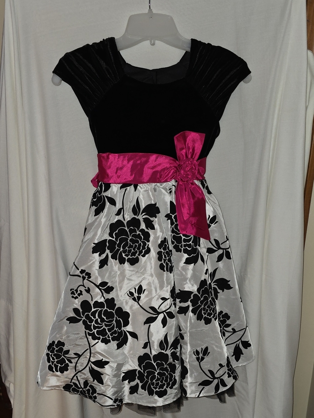 Jona Michelle Black & White Floral Dress with Hot Pink Sash
